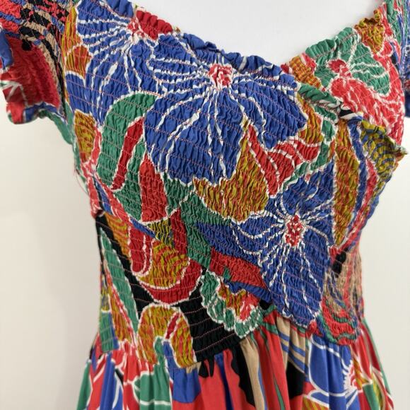 Aakaa Tropical Floral Print Smocked Maxi Dress Small Off The Shoulder Beachy - Picture 6 of 16
